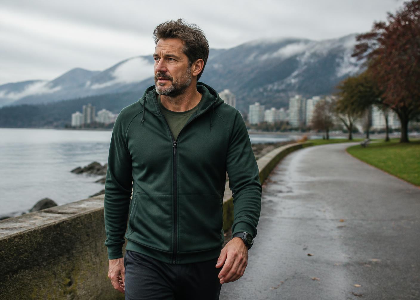 A man walking on Vancouver's seawall